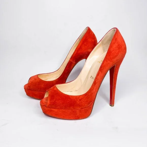 Christian Louboutin Fiery Red Peep-Toe Heels - Picture 4 of 10